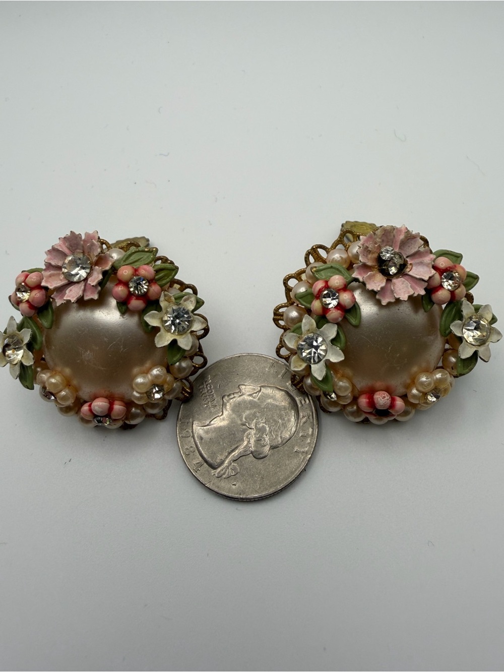Vintage 1950s floral wreath clip on earrings, enamel rhinestone faux pearl